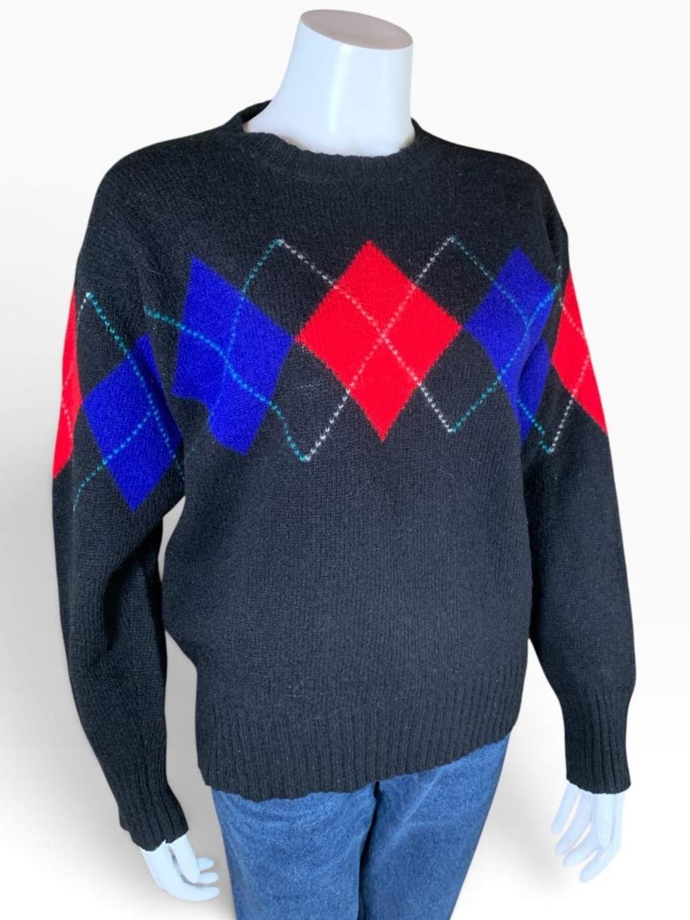 Vintage Gap 100% Wool Argyle Sweater Black Crew Neck Made in Hong Kong Medium